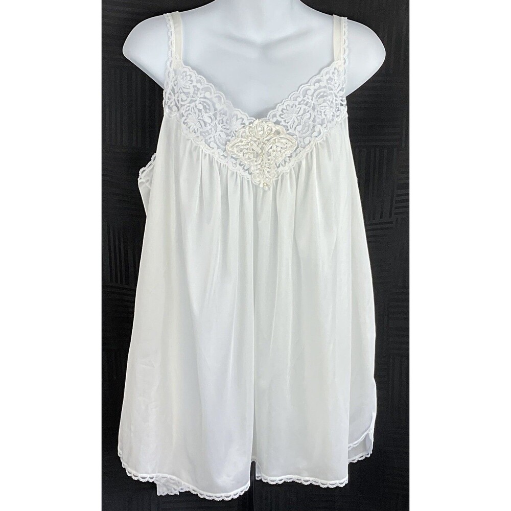 Vintage Lingerie Cami Slip Dress L Wht floral lace beads bridal 90s fairy glam